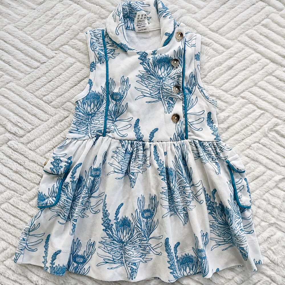 Kate Quinn 12-18M Blue Protea Floral Sleeveless Pocket Dress Organic Cotton